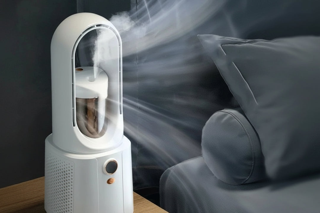 Tragbarer USB Luftkühler | Tischventilator mit Sprühfunktion | LED-Nachtlicht | Leiser Schlafzimmer Ventilator