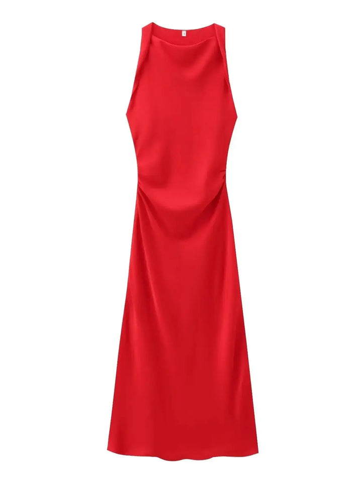 Damen Kleid Ärmellos Rundhals Geraffte Taille Kleid | Midi