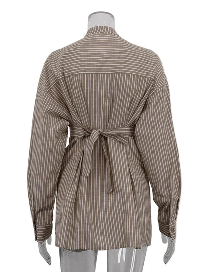Camicia da donna a righe manica lunga con cintura in vita | Legatura in vita