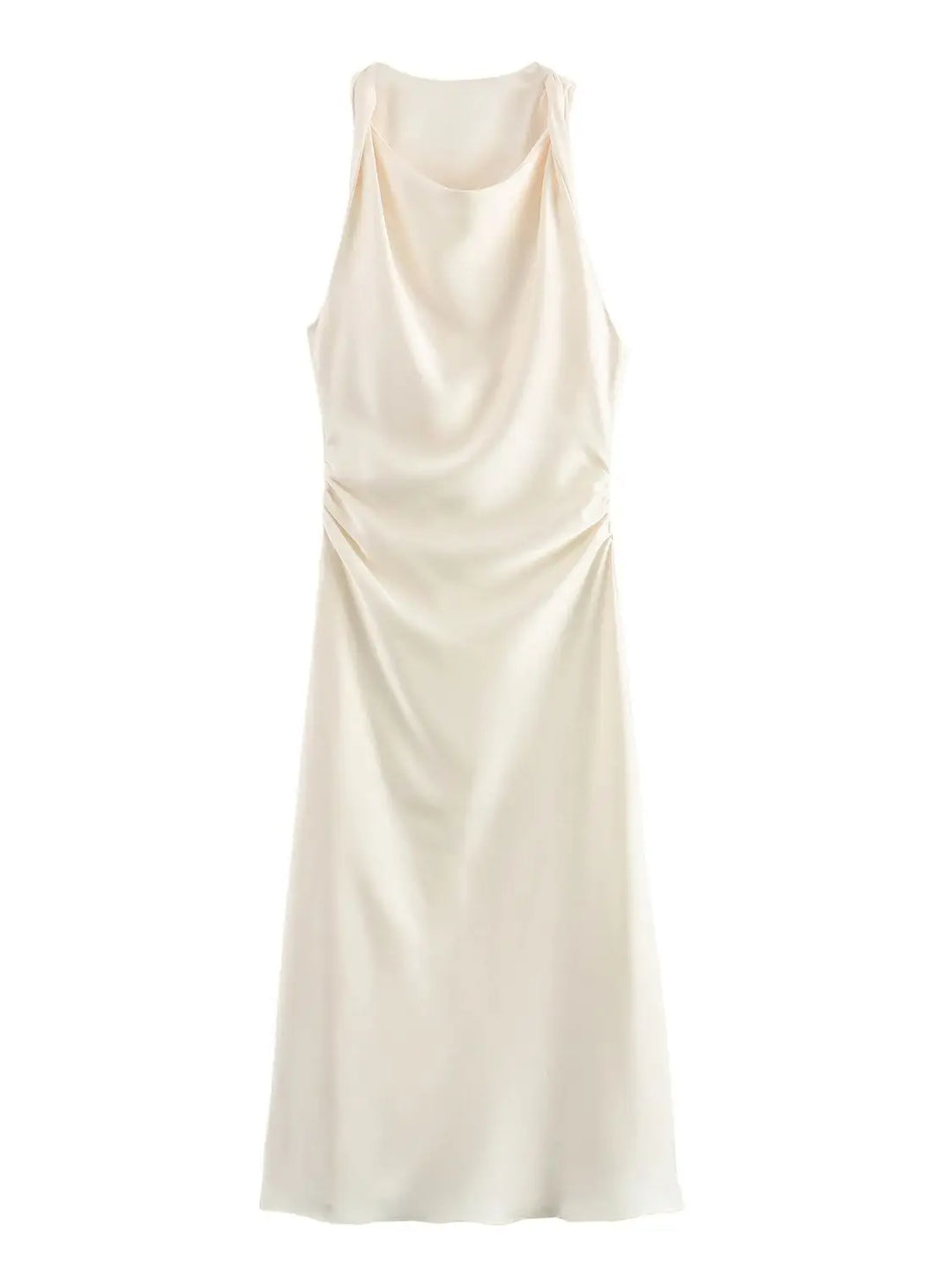 Damen Kleid Ärmellos Rundhals Geraffte Taille Kleid | Midi