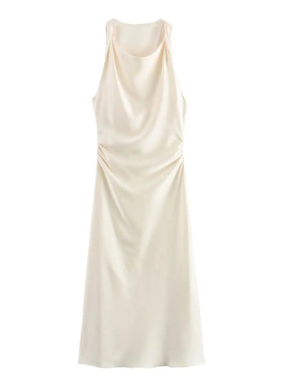 Abito donna senza maniche con scollo rotondo e vita arricciata | Midi