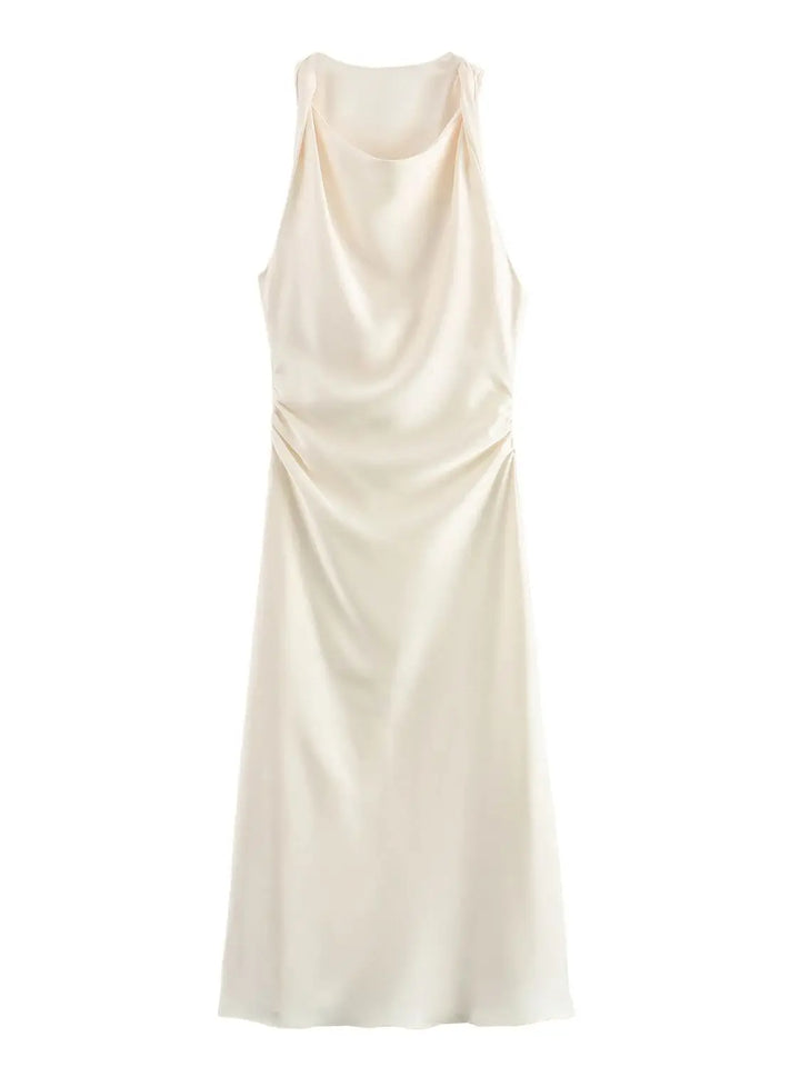 Damen Kleid Ärmellos Rundhals Geraffte Taille Kleid | Midi