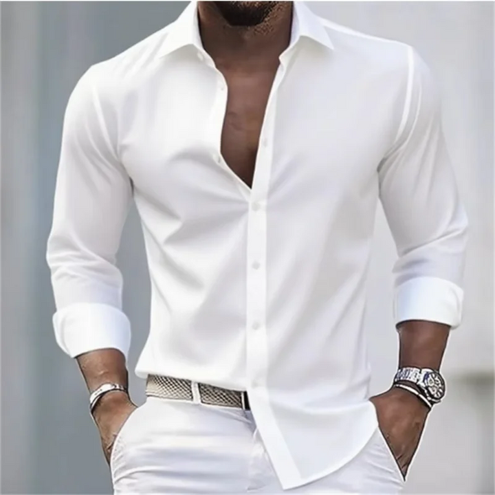 Herren Slim Fit Langarm Hemd mit Knopfleiste einfEarbig | Formal