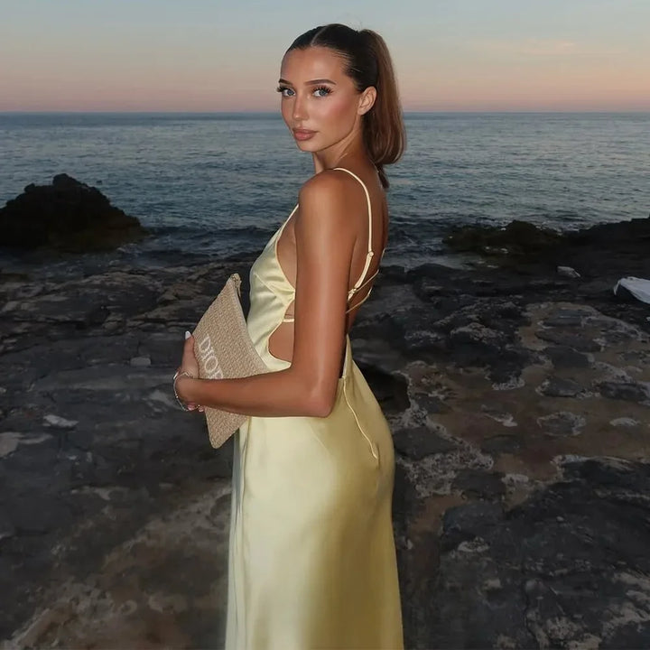 Damen Kleid Ärmellos V-Ausschnitt Rückenfrei Abendkleid | Maxi