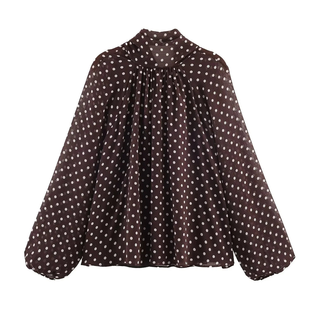 Damen Langarm Bluse mit Polka Dots Stehkragen lockere Passform | Gepunktet