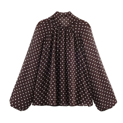 Blusa da donna a pois con collo alto, maniche lunghe e taglio ampio | Pois