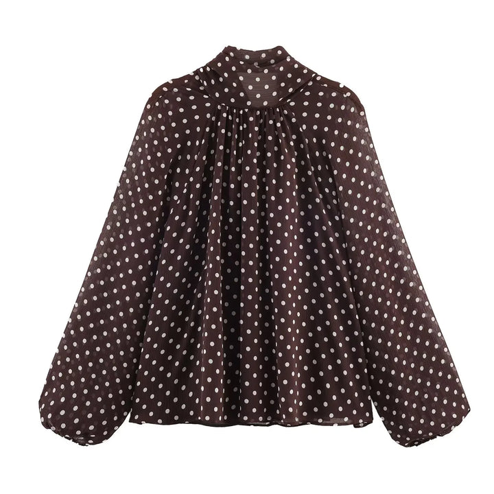 Damen Langarm Bluse mit Polka Dots Stehkragen lockere Passform | Gepunktet