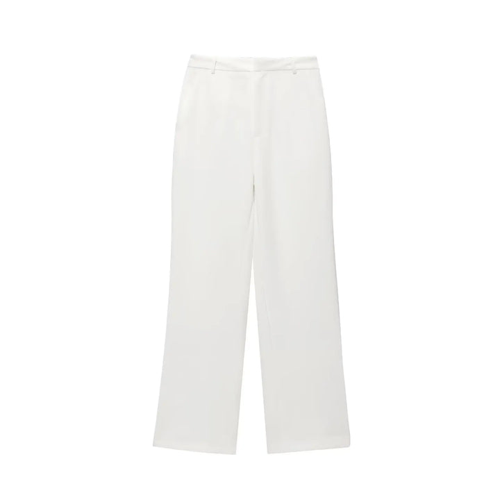 Damen zweiteiliges Set mit Oberteil mit Kragen und Reißverschluss vorne und Hose mit weitem Bein | Minimal Style