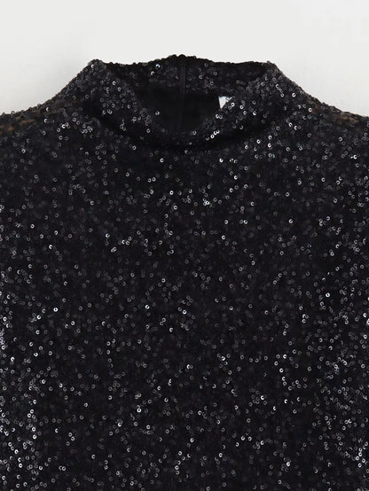 Abito donna maniche a cappuccio collo alto paillettes | Mini