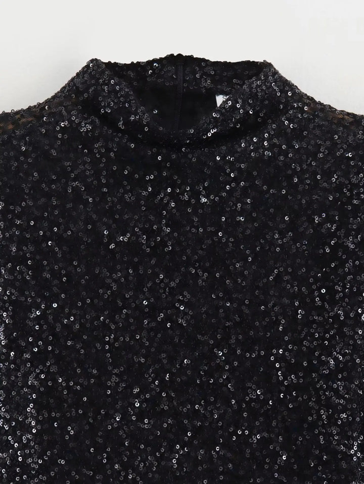 Damen Kleid Kappenärmel Hoher Kragen Pailletten Kleid | Mini