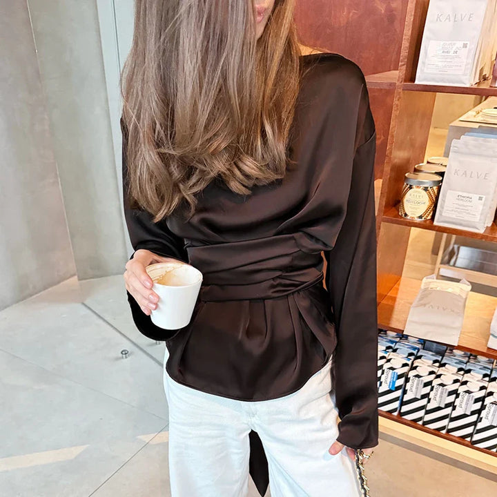 Damen Langarm Bluse Hemd mit geraffter Wickeltaille Rundhalsausschnitt Pullover Passform | Einfarbig