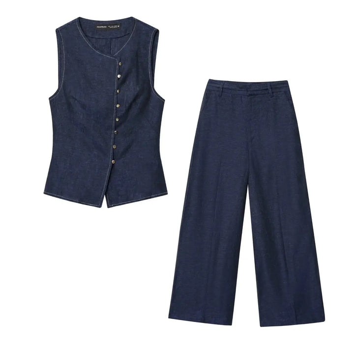 Damen Zweiteiler Set | Regular Fit Set | Ärmellose Weste und Weite Hose | Moderner Smart Casual Stil