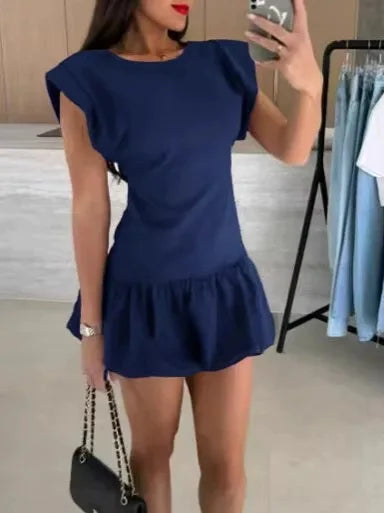 Damen Kleid Kurzarm Rundhals Rüschen Saum Kleid | Mini