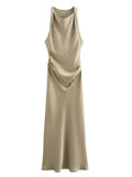 Damen Kleid Ärmellos Rundhals Geraffte Taille Kleid | Midi