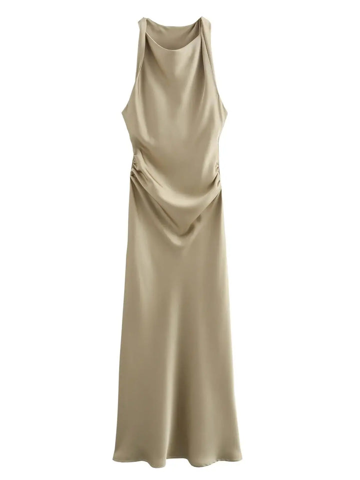 Damen Kleid Ärmellos Rundhals Geraffte Taille Kleid | Midi