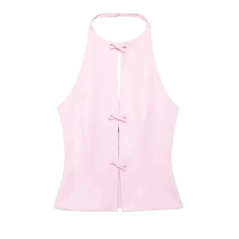 Damen zweiteiliges Set mit ärmellosem Neckholder Top mit Bindung vorne und Minirock | Rückenfreies Design