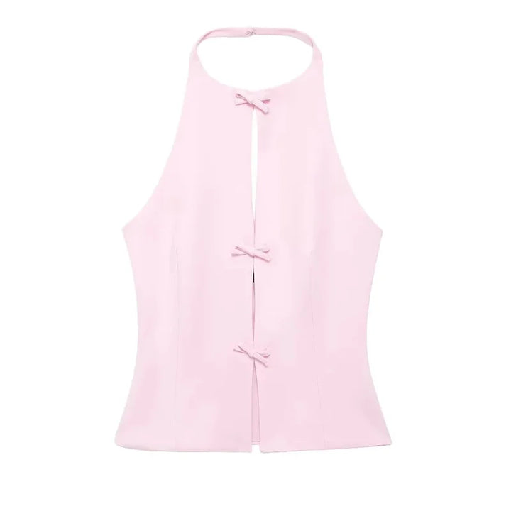 Damen zweiteiliges Set mit ärmellosem Neckholder Top mit Bindung vorne und Minirock | Rückenfreies Design