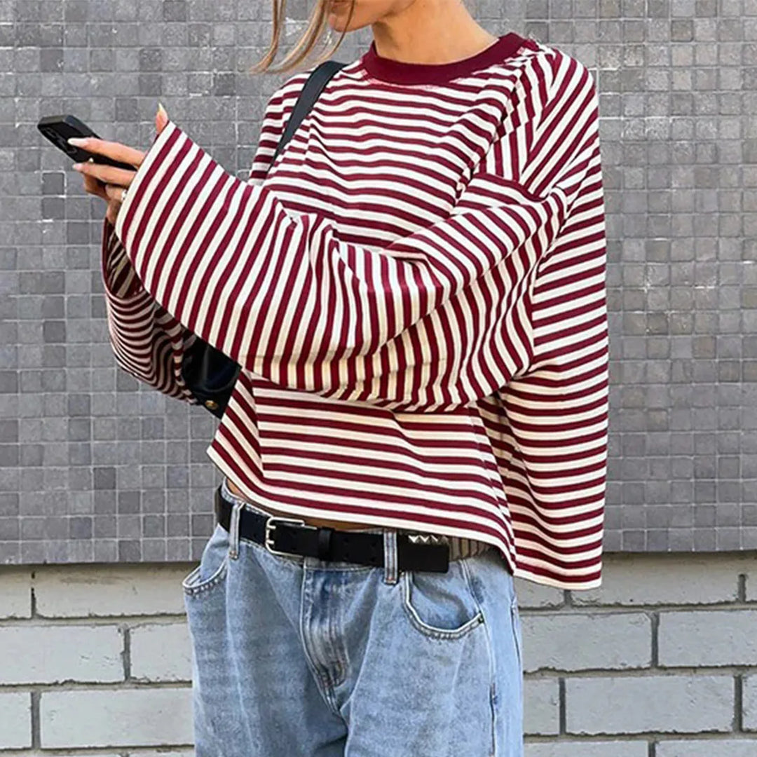 Sweat-shirt oversize à rayures pour femme, manches longues, col rond | Rayures