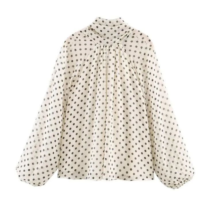 Damen Langarm Bluse mit Polka Dots Stehkragen lockere Passform | Gepunktet