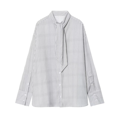 Camicia Donna Manica Lunga Bottoni Frontali Laccio Scollo Righe Verticali Camicia | Quotidiana