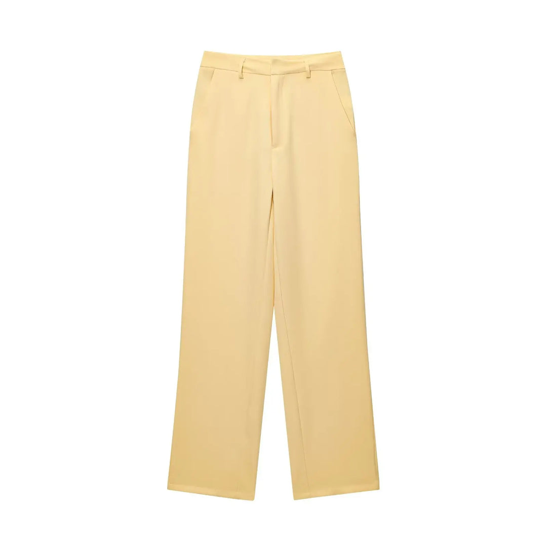 Damen zweiteiliges Set mit Oberteil mit Kragen und Reißverschluss vorne und Hose mit weitem Bein | Minimal Style