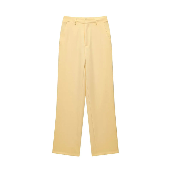Damen zweiteiliges Set mit Oberteil mit Kragen und Reißverschluss vorne und Hose mit weitem Bein | Minimal Style