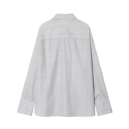 Camicia Donna Manica Lunga Bottoni Frontali Laccio Scollo Righe Verticali Camicia | Quotidiana