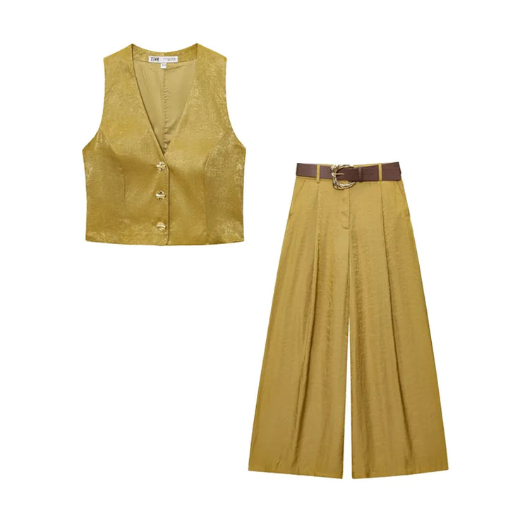 Damen Zweiteiler Set | Regular Fit Set | V-Ausschnitt Weste und Weite Hose | Eleganter Smart Casual Stil