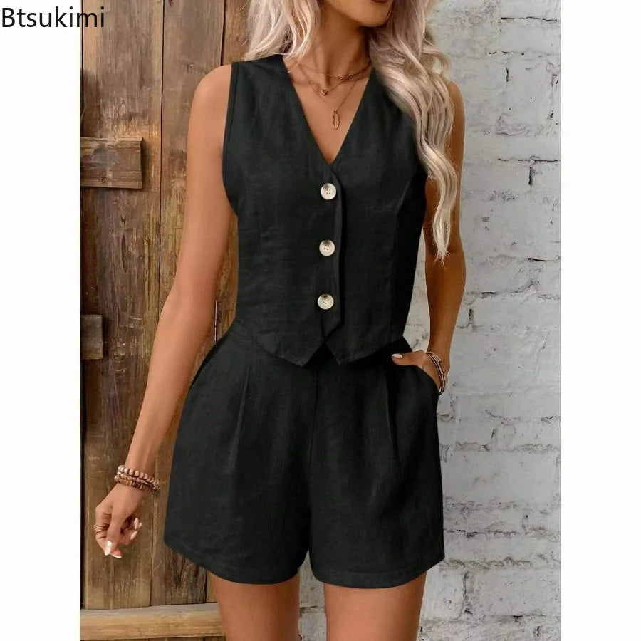 Damen Zweiteiliges Shorts-Set | Ärmellose Weste mit V-Ausschnitt und Shorts mit Hoher Taille | Moderner Sommerstil