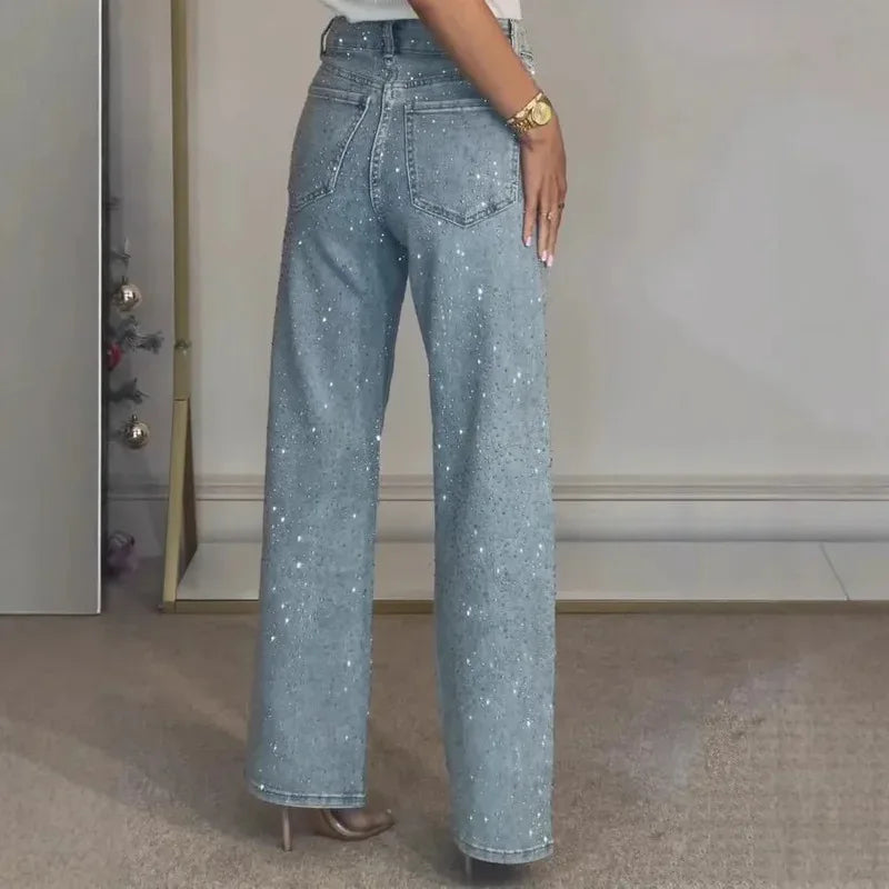Damen High Waist Hose mit weitem Bein und Strassdetails | Ausgestellte Passform