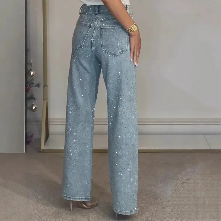 Damen High Waist Hose mit weitem Bein und Strassdetails | Ausgestellte Passform