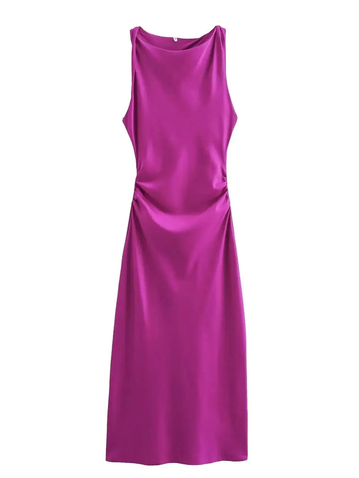 Damen Kleid Ärmellos Rundhals Geraffte Taille Kleid | Midi