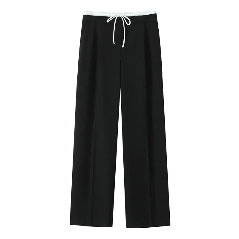 Damen High Waist Hose Mit Kordelzug Geradem Bein Casual Stil | Volle Länge