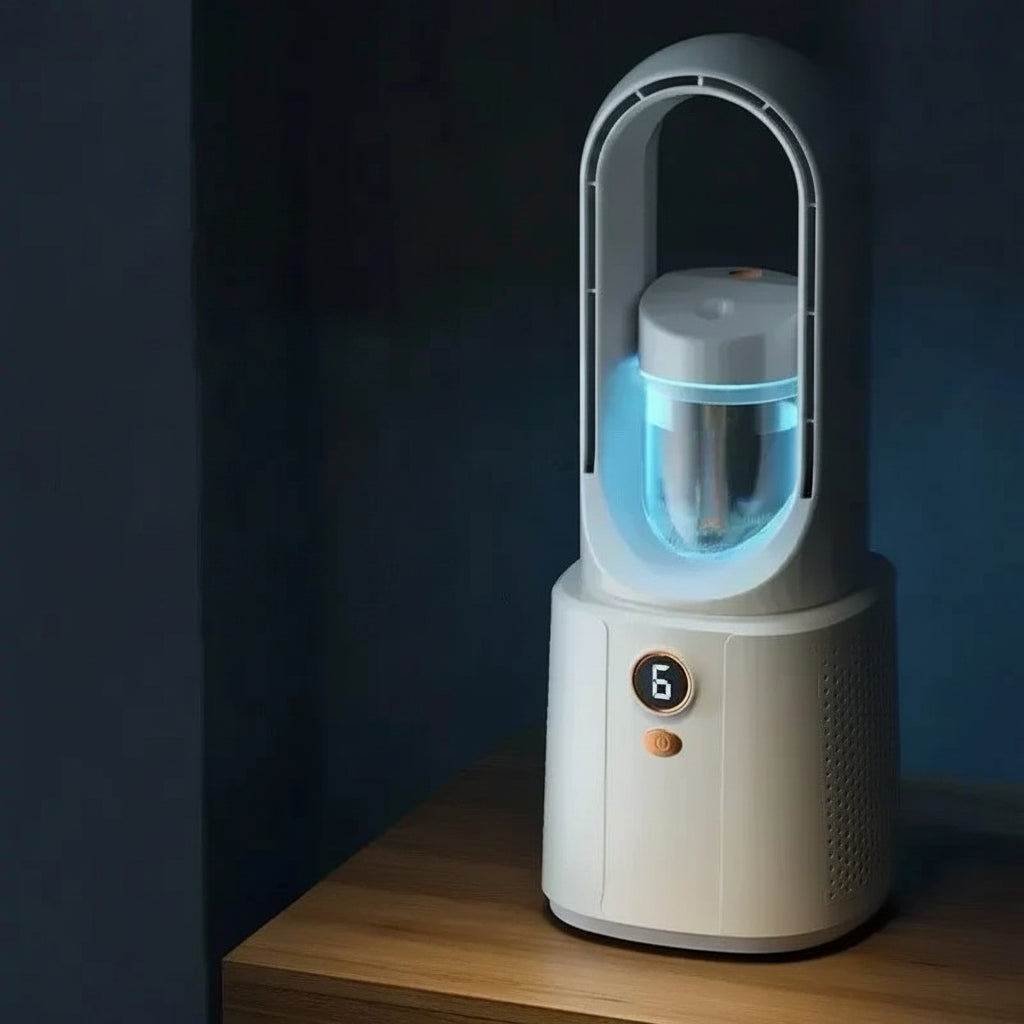 Tragbarer USB Luftkühler | Tischventilator mit Sprühfunktion | LED-Nachtlicht | Leiser Schlafzimmer Ventilator