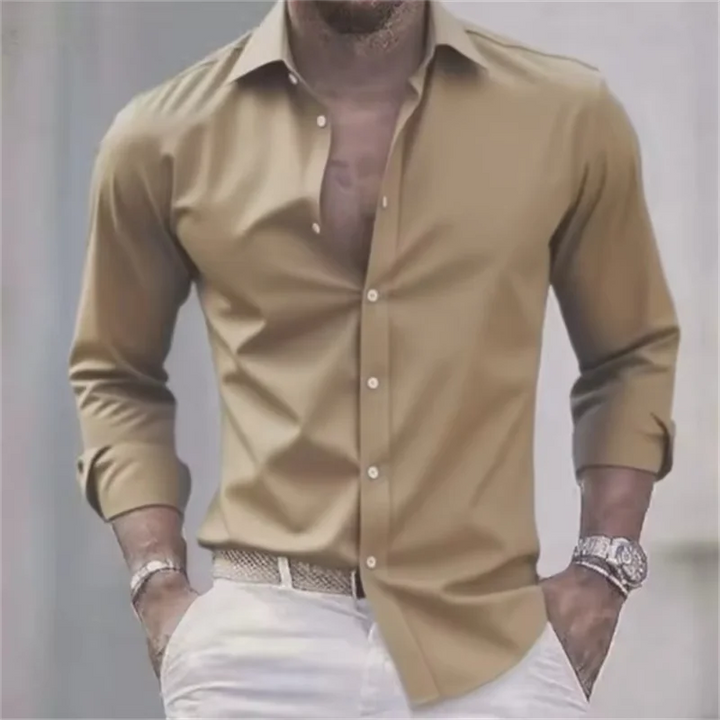 Herren Slim Fit Langarm Hemd mit Knopfleiste einfEarbig | Formal