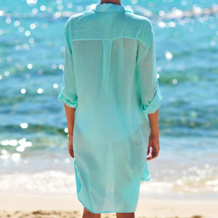 Abito camicia donna lungo con bottoni, colletto, tasche sul petto, stile spiaggia | Spiaggia