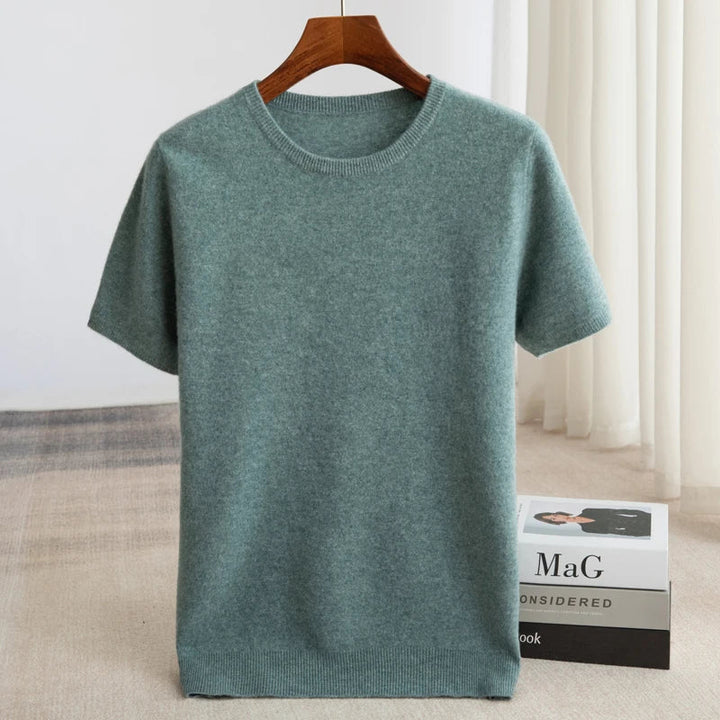 Herren Kurzarm Strick Pullover T Shirt mit Rundhalsausschnitt geripptem Saum | Minimalistisch