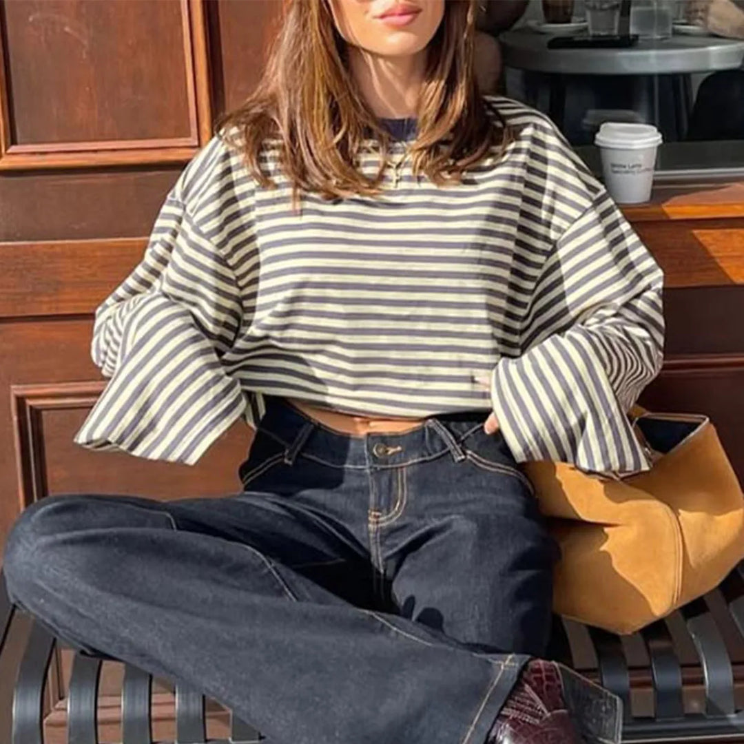 Sweat-shirt oversize à rayures pour femme, manches longues, col rond | Rayures