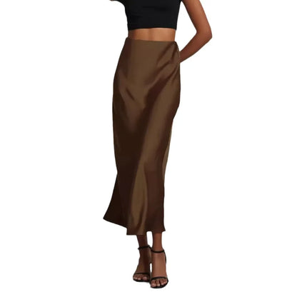 Damen High Waist Satinlook Rock Mit Schrägschnitt Ausgestellter Passform | Midi
