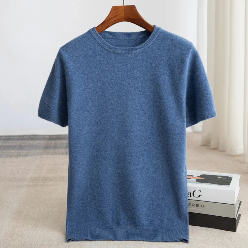 Herren Kurzarm Strick Pullover T Shirt mit Rundhalsausschnitt geripptem Saum | Minimalistisch