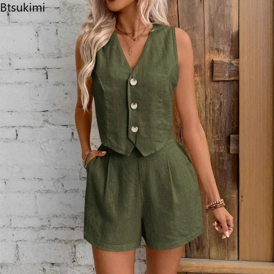 Damen Zweiteiliges Shorts-Set | Ärmellose Weste mit V-Ausschnitt und Shorts mit Hoher Taille | Moderner Sommerstil