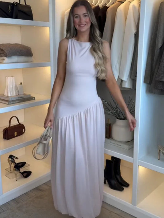Rochie damă fără mâneci, cu gât rotund și talie joasă | Maxi