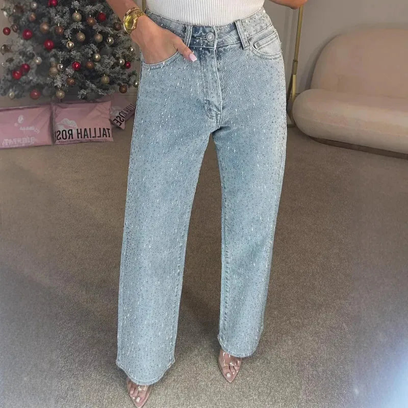 Damen High Waist Hose mit weitem Bein und Strassdetails | Ausgestellte Passform