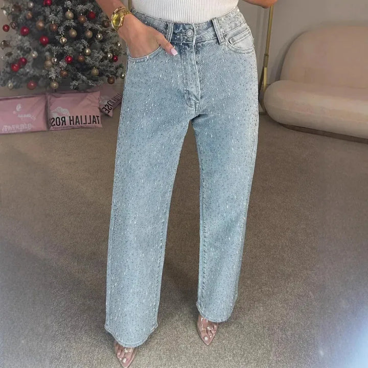 Damen High Waist Hose mit weitem Bein und Strassdetails | Ausgestellte Passform