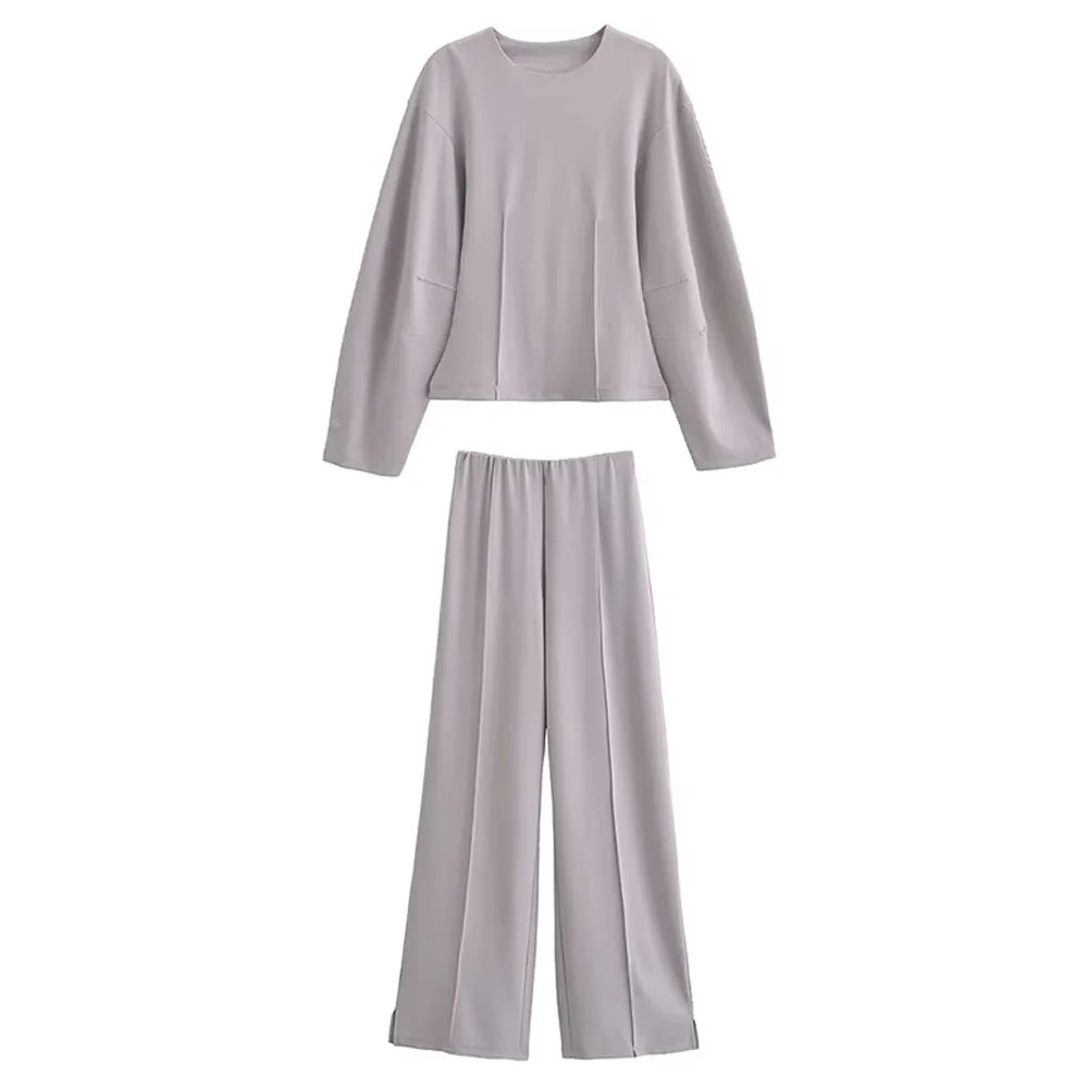 Damen Freizeit Set | Zweiteiliges Outfit mit Rundhalsoberteil | Weite Hose mit Nahtdetails | Lässiger Komfortlook