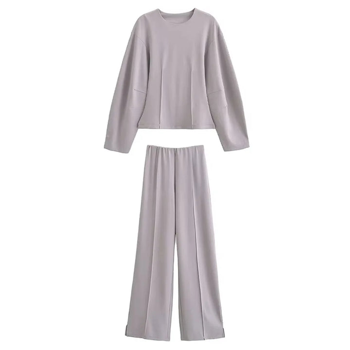 Damen Freizeit Set | Zweiteiliges Outfit mit Rundhalsoberteil | Weite Hose mit Nahtdetails | Lässiger Komfortlook