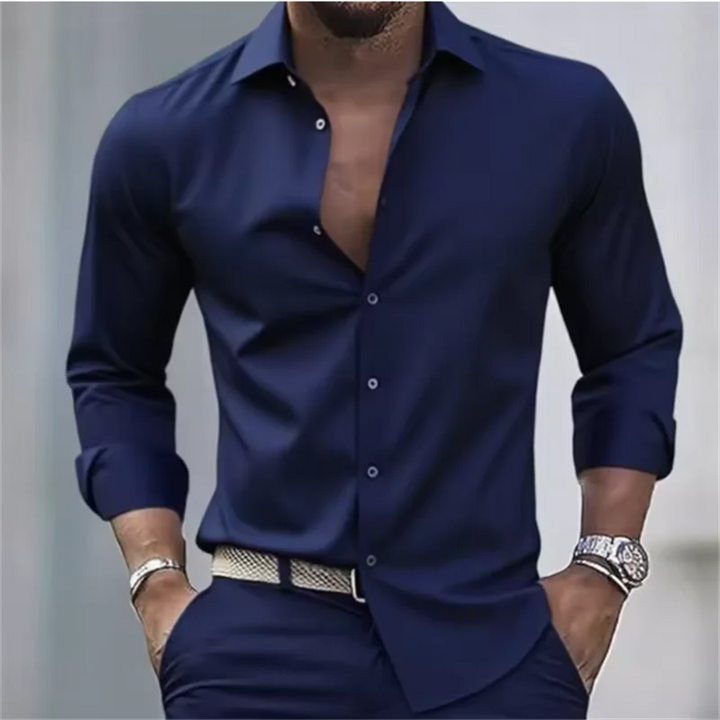 Herren Slim Fit Langarm Hemd mit Knopfleiste einfEarbig | Formal