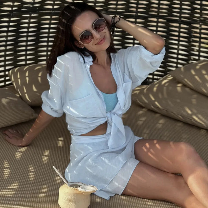 Damen Zweiteiler Set | Regular Fit Set | Langarmhemd und Minirock | Sommerlicher Freizeitstil