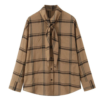 Camicia Donna Manica Lunga Quadri Laccio Fiocco Bottoni Frontali Taglio Largo Camicia | Quadri