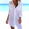 Damen Hemdkleid Lang Knopfleiste Kragen Brusttaschen Strand Stil Shirt | Strand